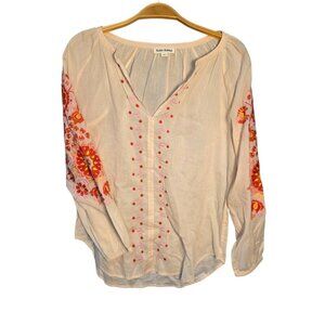 Roller Rabit Light Peach Embroidered Boho Flowy Blouse Women's Size Xsmall